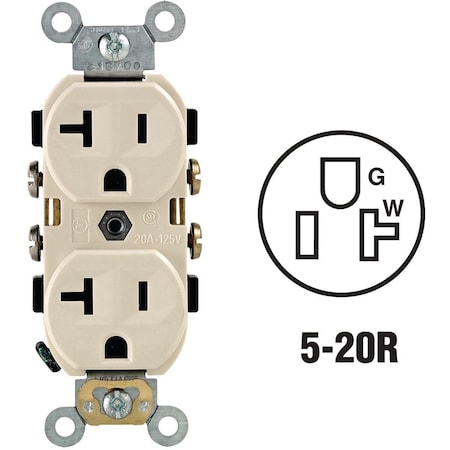 Leviton Straight Blade Receptacle, 5-20R, 20 A, 125V AC, 2 Pole, 3 Wire, Self-Grounded S06-0CR20-0TS